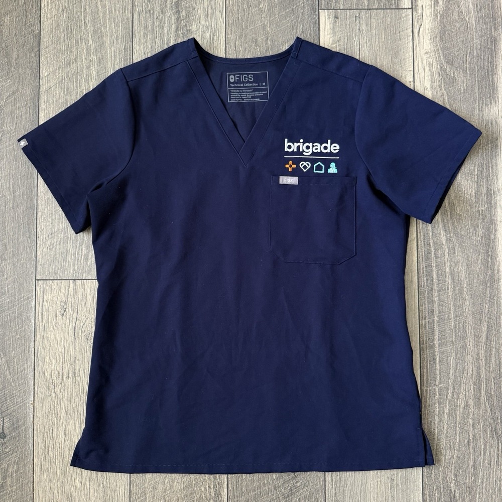 FIGS Catarina Scrub Top Navy Blue Brigade Embroidered Medical PO# 6591 Women's M
